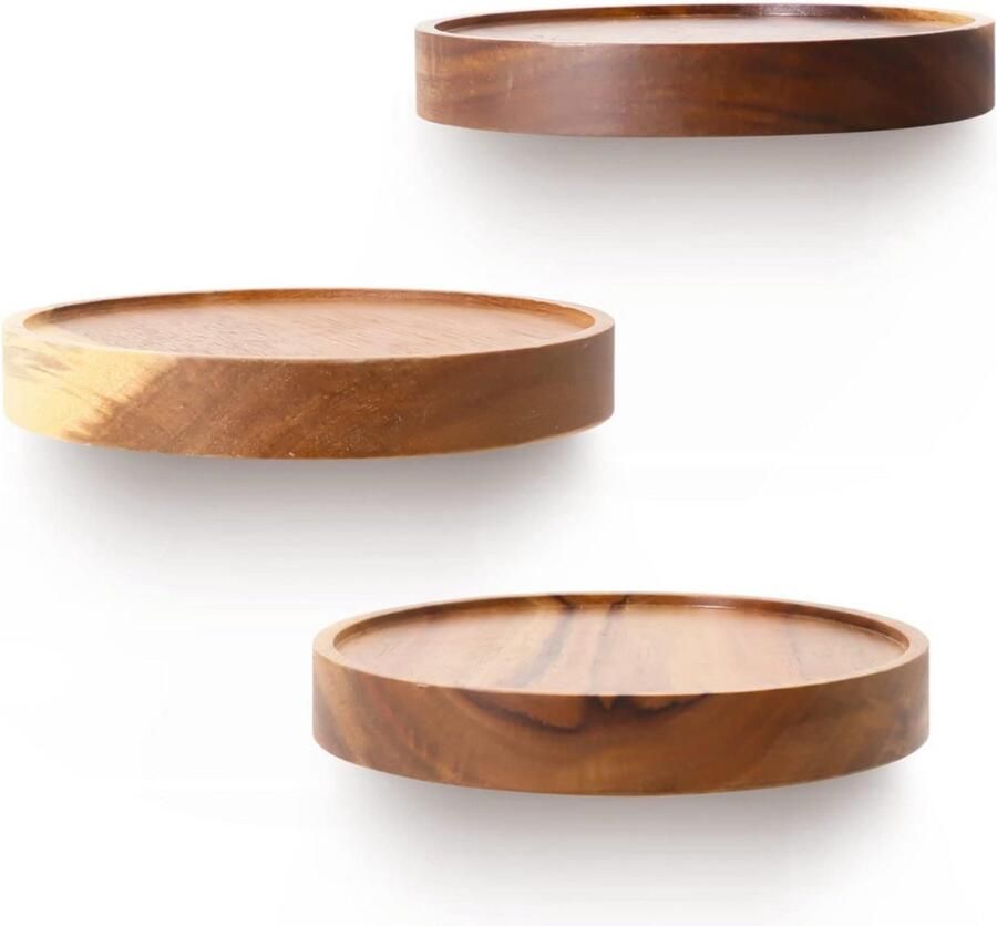 Zwevende Houten Wandplank rek rond kleine wandplank planken wandplanken decoratief rek plantenrek houten plank wandplank hangplank beukenhout set van 3 bruin (diameter Ø 15 cm)
