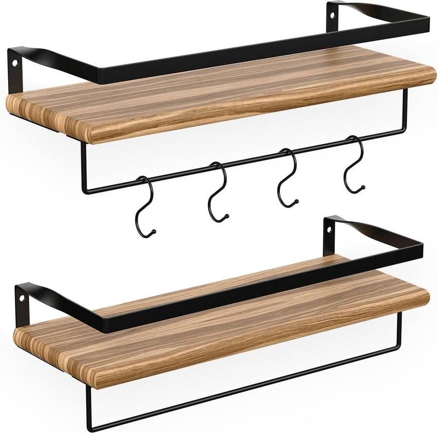 Zwevende Houten Wandplank Set Industrieel Geschikt voor Keuken Woonkamer en Slaapkamer 2 Stuks Bruin Zwart 41cm