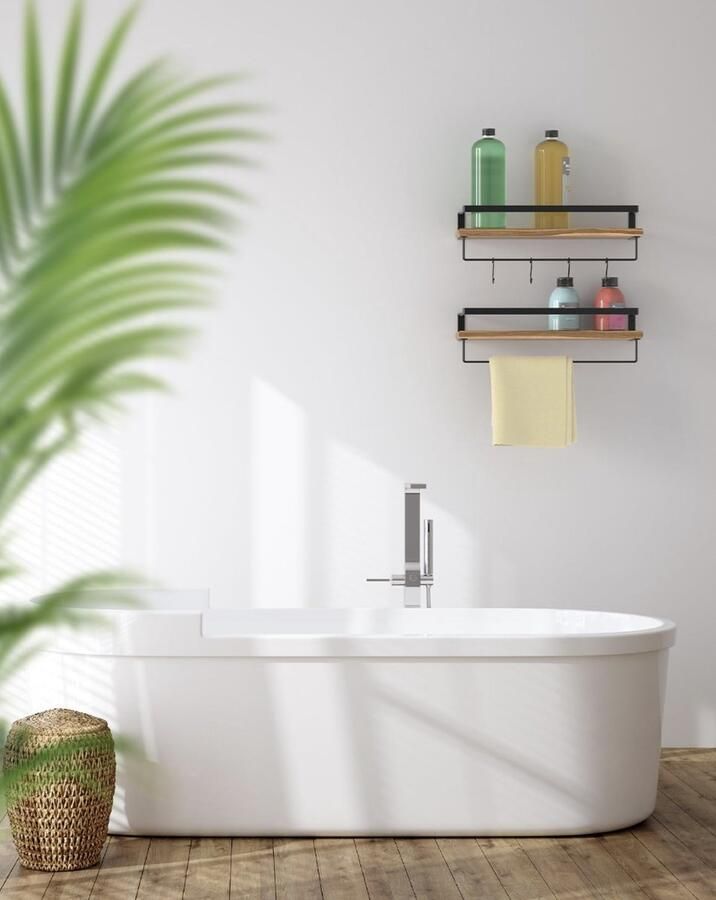 Zwevende Houten Wandplank Set met Handdoekhouder en 8 Haakjes 2 Stuks Industrieel Geschikt voor Keuken Woonkamer Slaapkamer Kinderkamer en als Muurdecoratie 41cm Bruin Zwart