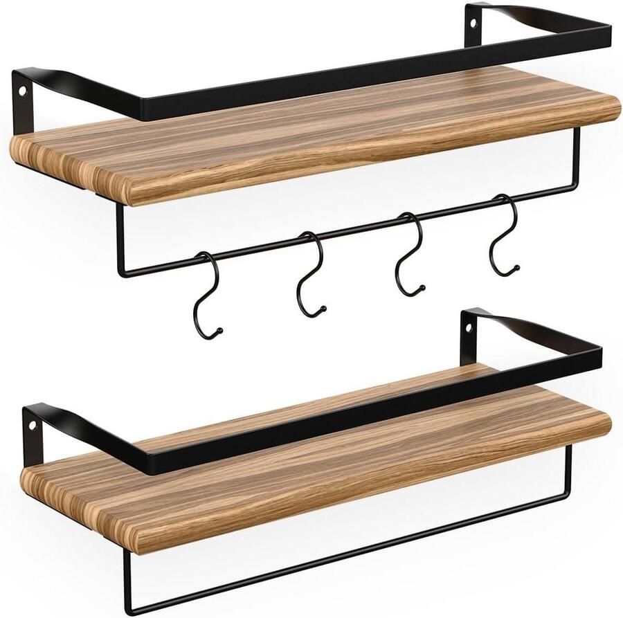 Zwevende Houten Wandplank Set met Handdoekhouder en 8 Haakjes Industrieel Voor Keuken Woonkamer Slaapkamer Kinderkamer Muurdecoratie 41cm Bruin Zwart