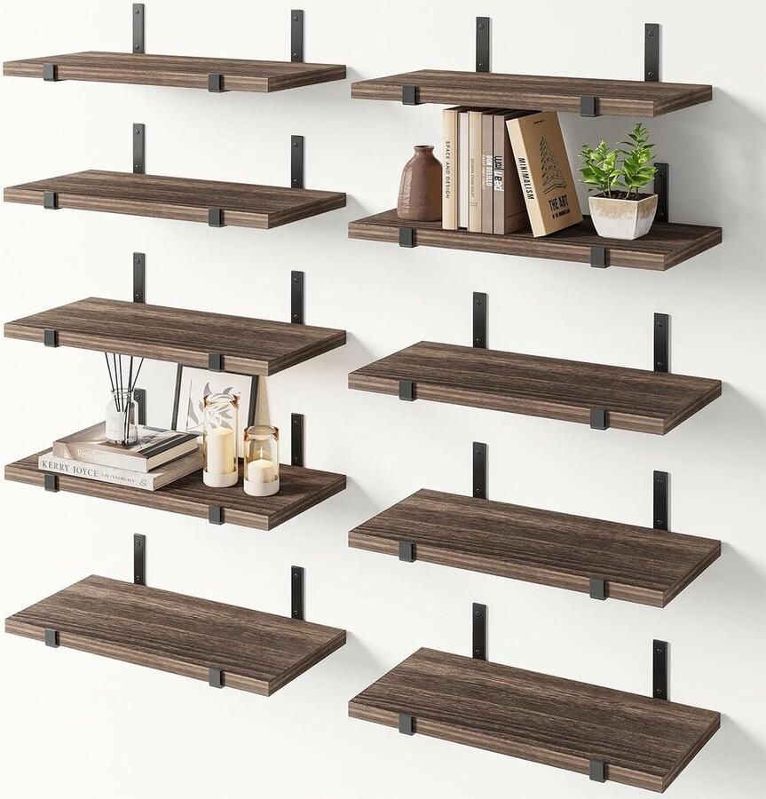 Zwevende houten wandplanken Set van 10 multifunctioneel metalen houders slaapkamer woonkamer keuken badkamer boekenkast ruimtebesparend 40 x 15 cm eiken