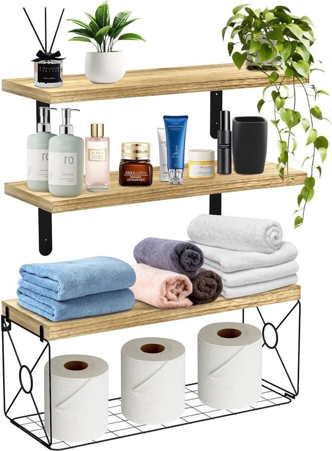 Zwevende houten wandplanken set van 3 wandrek met manden 40 cm badkamer slaapkamer woonkamer woonwanddecoratie