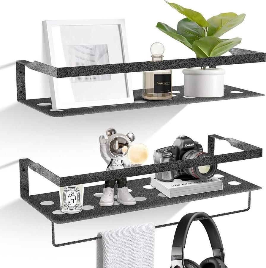 Zwevende ijzeren wandplank Set van 2 Handdoekstang Slaapkamer Badkamer Woonkamer Keuken Thuiskantoor Wasruimte