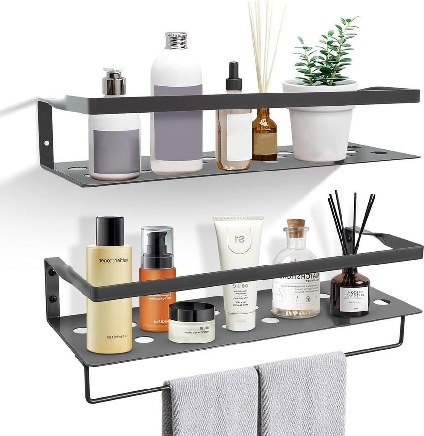 Zwevende ijzeren wandplanken met handdoekstang set van 2 grijs slaapkamer badkamer