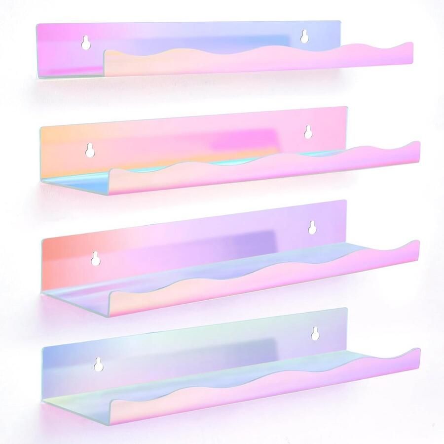 Zwevende Iriserende Decoratieve Planken voor Muurbewaring Set van 4 Holografische Planken voor Badkamer en Babykamer 40 cm Lang