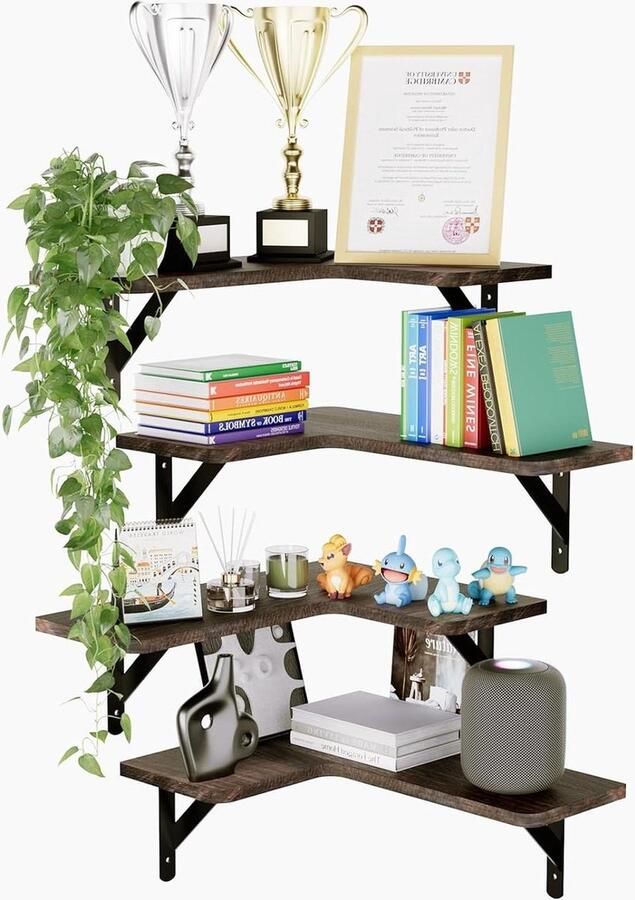 Zwevende L-vormige houten hoekplanken set van 4 bruin voor muur opslag woonkamer keuken slaapkamer badkamer woningdecoratie