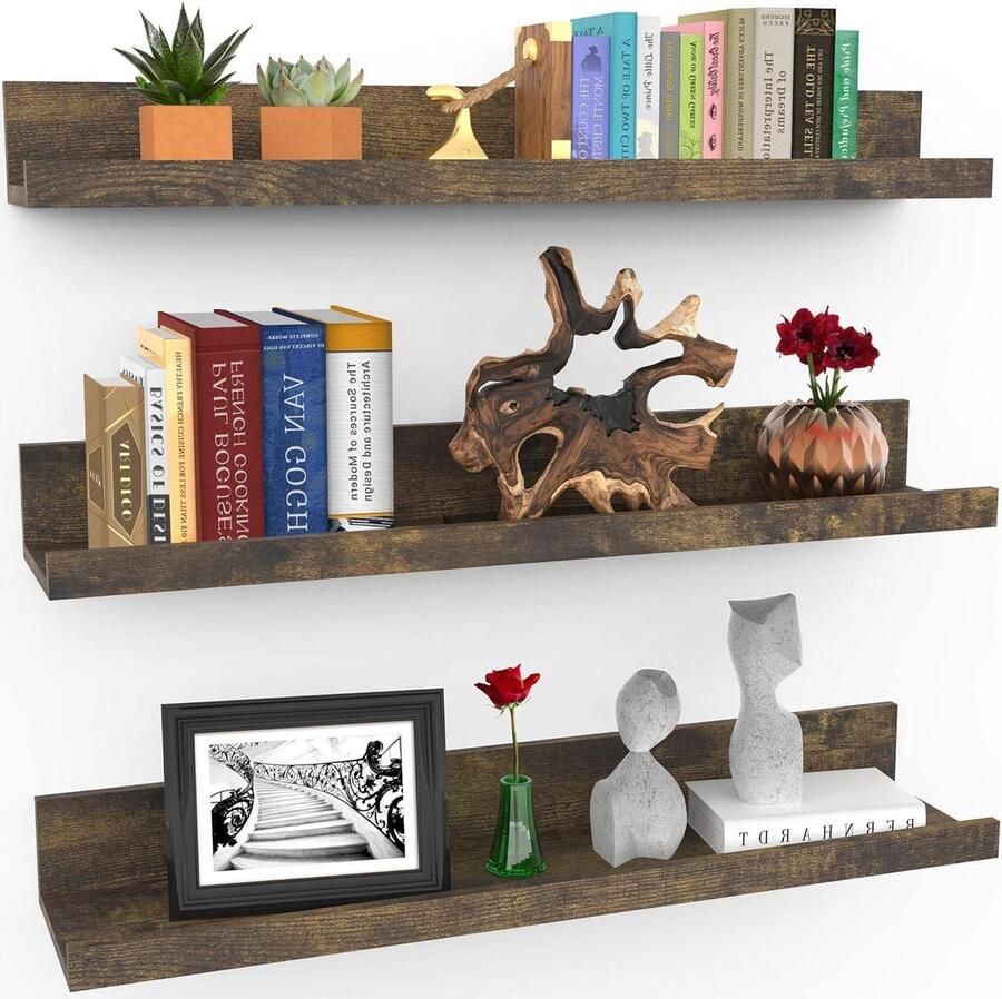 61 cm Zwevende planken set van 3 in walnootbruin Moderne rustieke stijl Aan de muur gemonteerde displayplanken - Foto 2