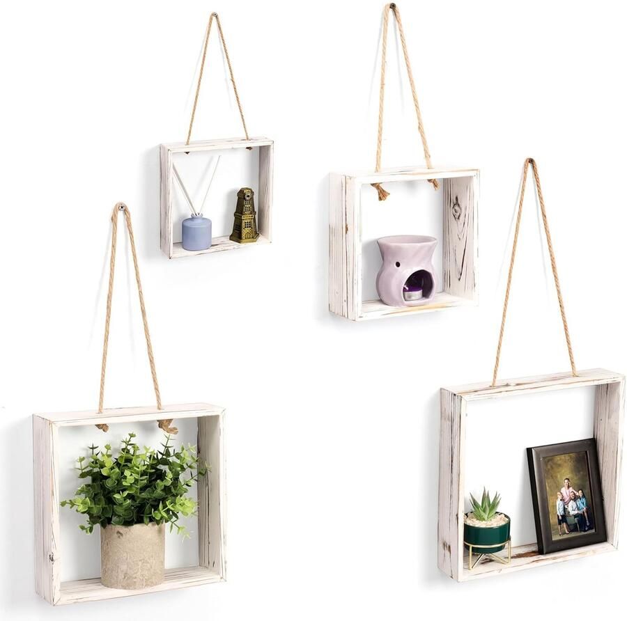 Trankielo Set van 4 Houten Zwevende Muurplanken in Verschillende Maten – Vierkante Hangende Planken – Wandgemonteerd voor Woonkamer Slaapkamer Keuken Badkamer & Interieurdecoratie