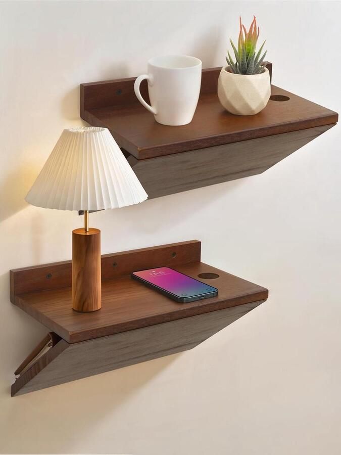 Zwevende Nachtkastjes Set van 2 Kleine Nachtkastje Organiser met Kabelgat Walnoot Hout Drijvend Nachtkastje met Z-vorm Design Display Meubels voor Slaapkamer Home Decor 33x18cm