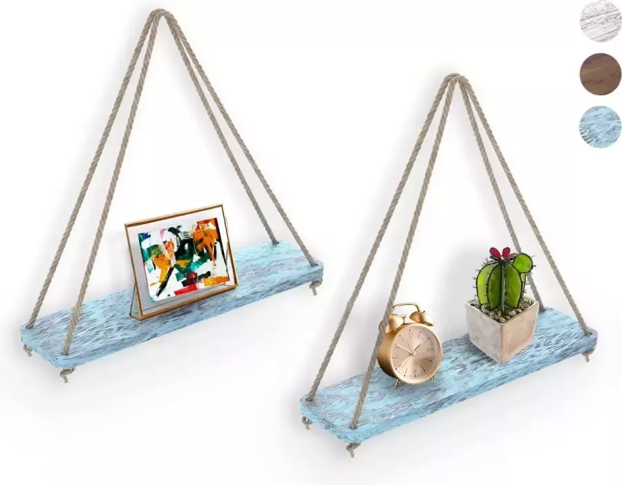 Rustieke Set van 2 Houten Drijvende Planken met Koord Boerderij Hangende Wandplanken Woonkamer Decor Kleine Keukenplanken 17 inchx5.2 inch Distressed Blauwe Kleur