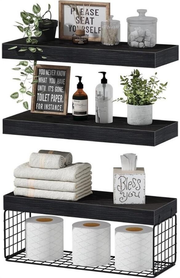 Zwevende plank Opbergrek Badkamerorganizer Wandplank van hout zwart