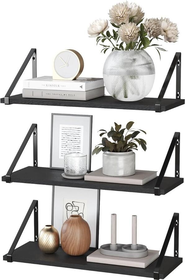 Zwevende plank rustiek hout set van 3 met metalen klemmen