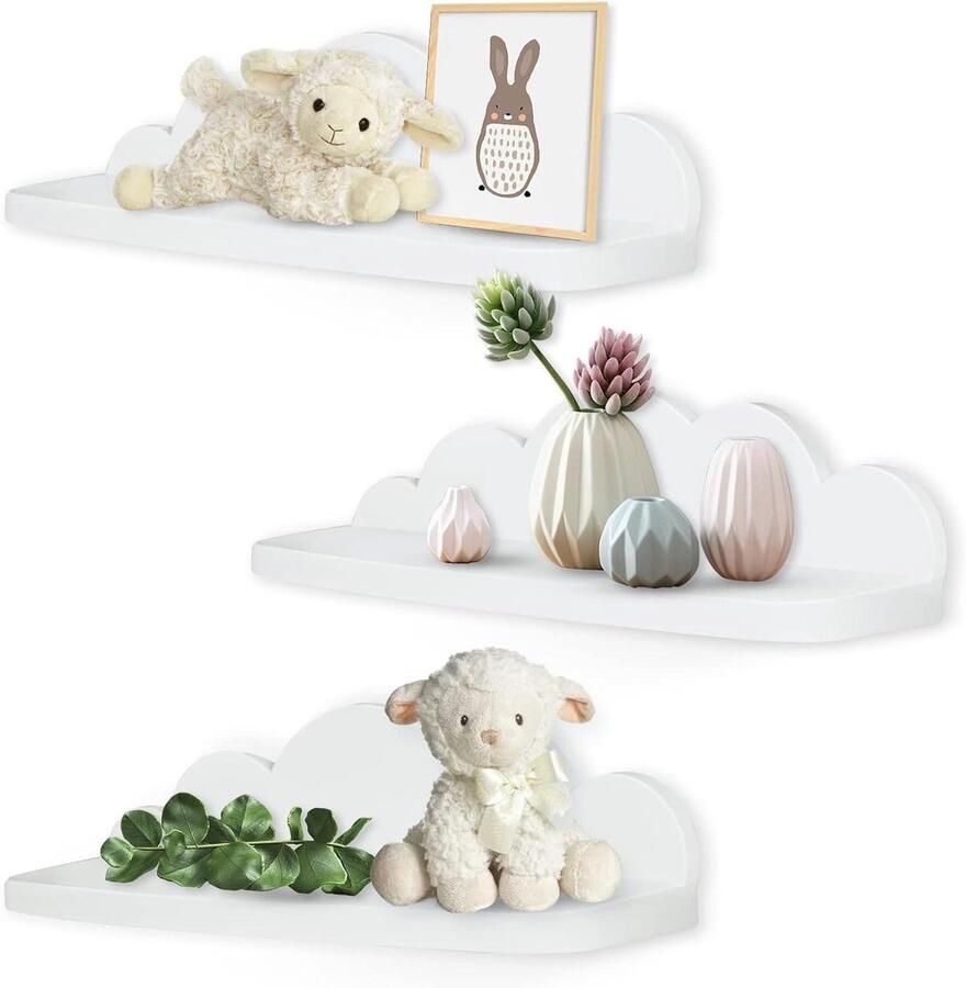 Zwevende plank set van 3 wandplank hangend creatief voor slaapkamer woonkamer keuken en hal wolken kleine maat wolken 45 cm plastic wit-L