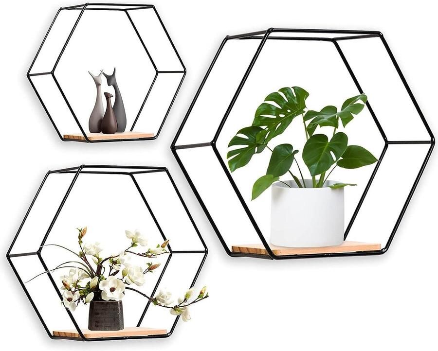 Wandrek zwart metaal set van 3 wanddecoratie hangrek loft wandplanken voor woonkamer slaapkamer badkamer café hotel hexagon shelves