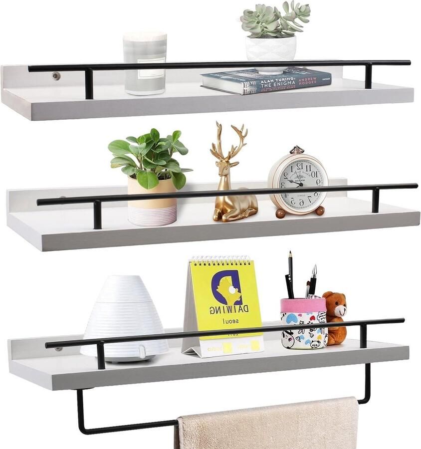 Zwevende planken Houten wandplanken Afneembare handdoekhouder Witte wandplank 5x haken Badkamer slaapkamer woonkamer keuken Planken muur 40 cm 20 kg gewichtscapaciteit