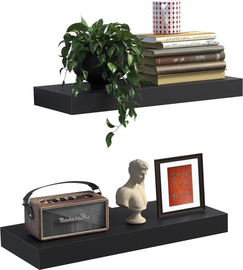 Senza Marchio Zwevende planken 40 cm houten badkamer wandplanken set van 2 muurmontage boerderij decor slaapkamer woonkamer planten 10 kg zwart