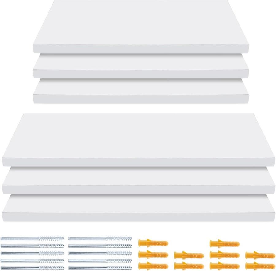 Zwevende planken 6 stuks wit houten wandrek 30 x 15 cm en 40 x 15 cm schroeven en expansiebuisjes wandrek voor slaapkamer en woonkamer