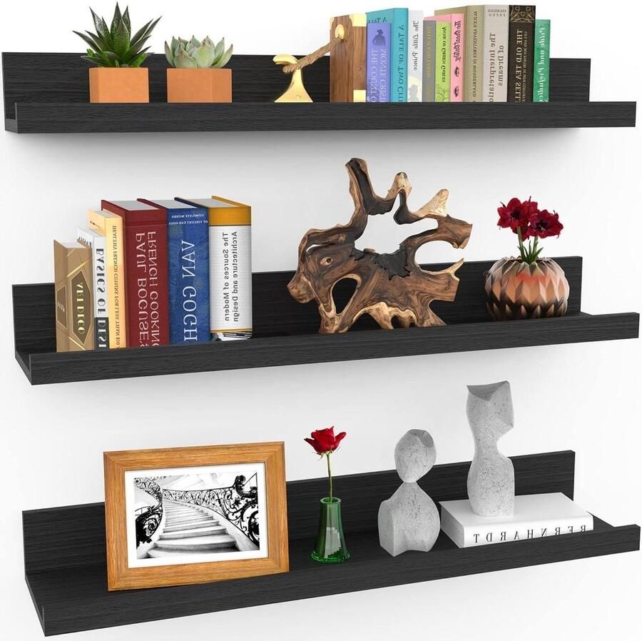 Zwevende planken 61 cm set van 3 ebbenhout zwart moderne rustieke stijl aan de muur gemonteerd displayplanken fotolijsten