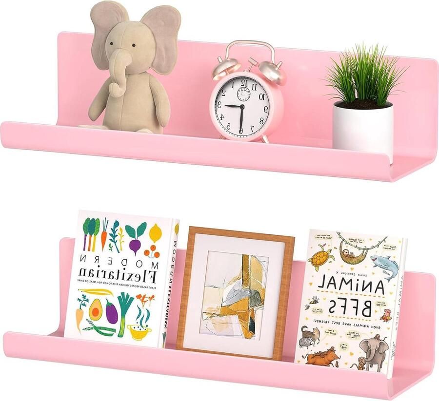 Zwevende planken decoratieve wandplanken set van 2 roze kunststof