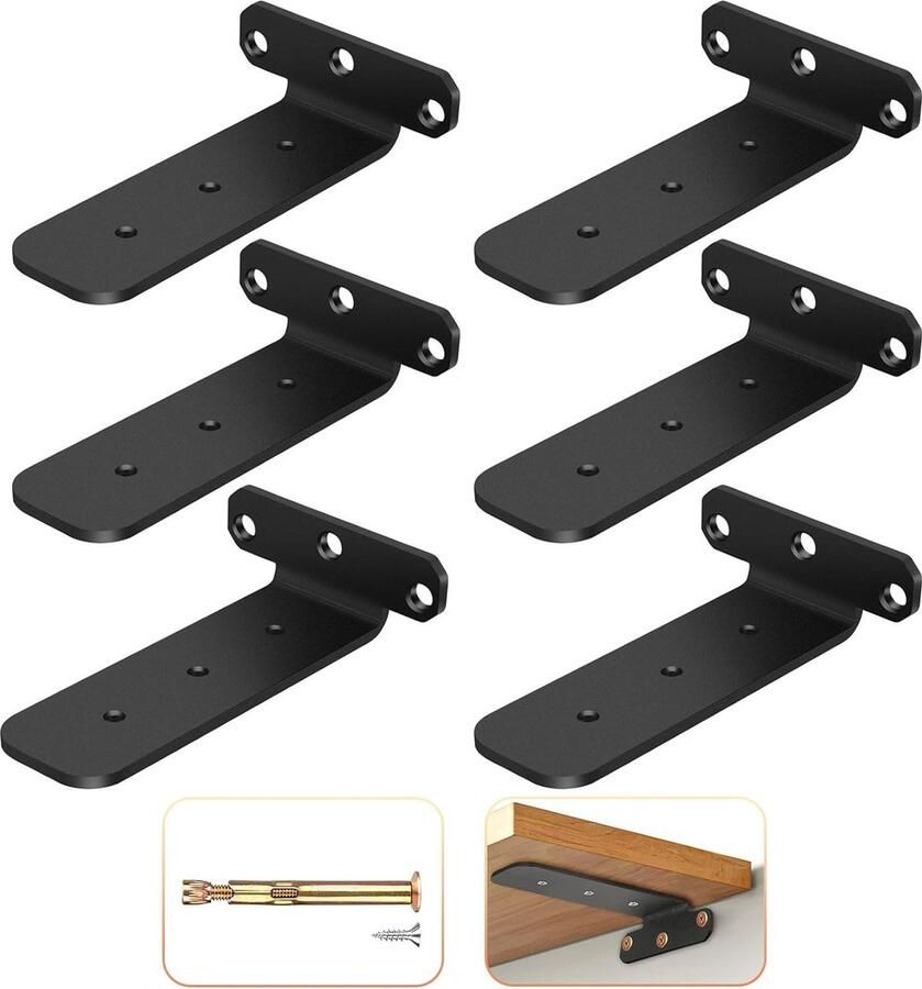6 Pièces Equerre Etagere Murale Invisible Supports à Tablettes Flottantes Equerre Metal Charge Lourde Equerre en Forme de L de 90 Degrés Equerre Acier Inoxydable Noir