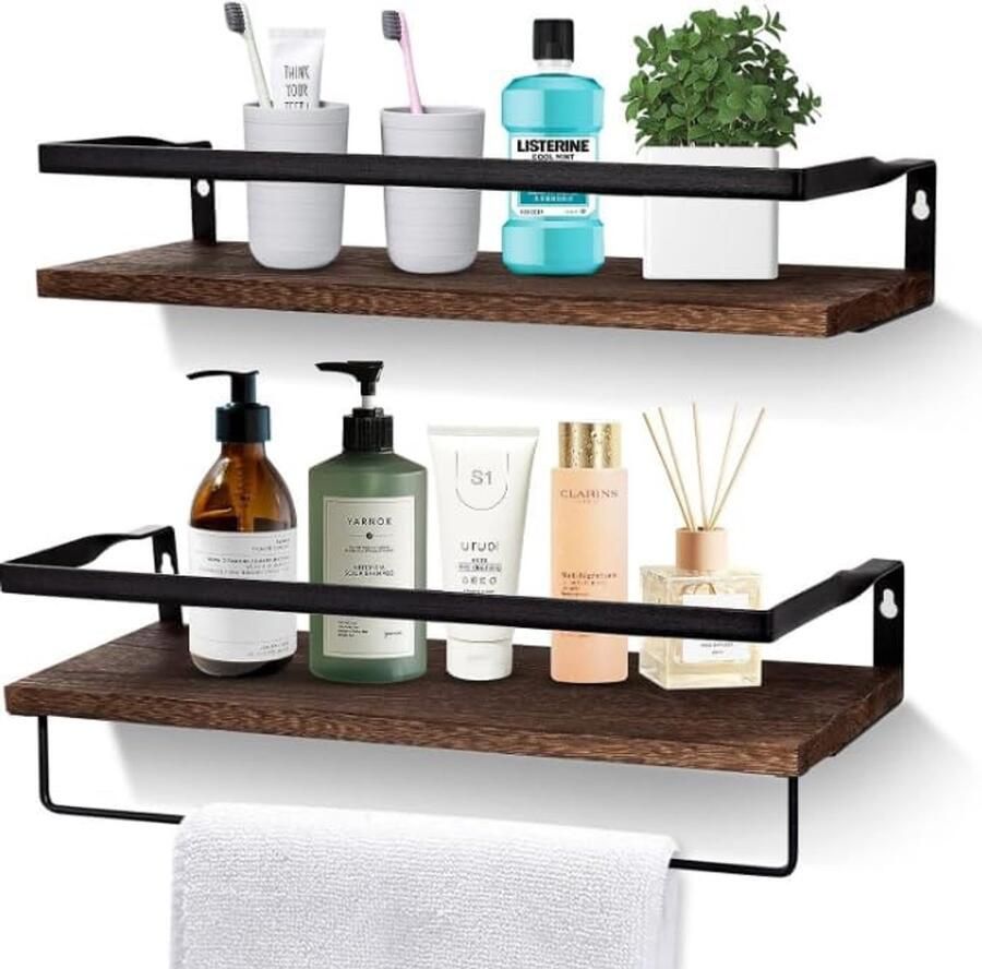 Zwevende planken lichte houten wandplanken multifunctioneel set van 2 donker verbrand hout