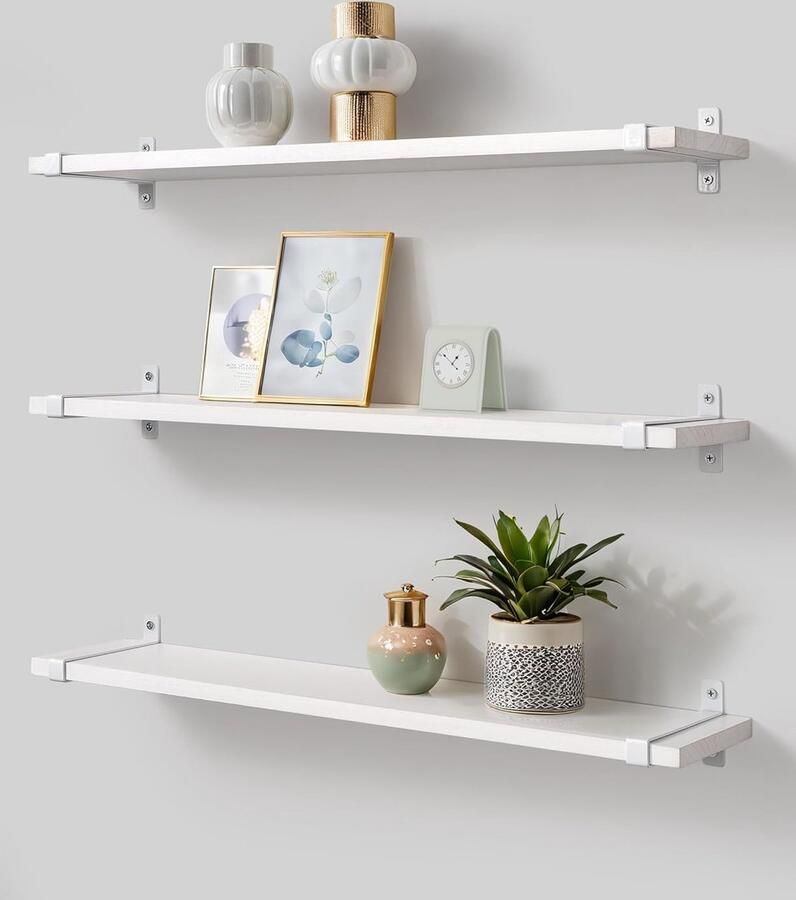 Zwevende planken met U-vormige beugels moderne stijl set van 3 wit Paulownia-hout 60 cm