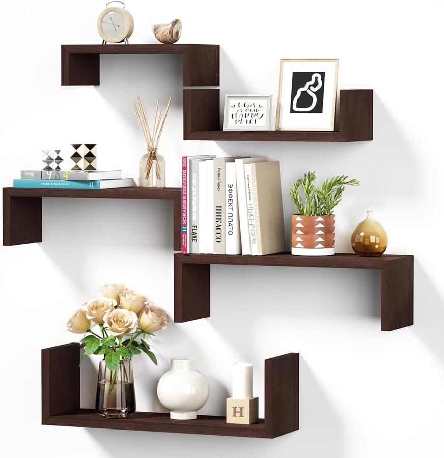 Zwevende Planken Set 5 Stuks Wandrek Decoratie voor Woonkamer Keuken Badkamer Slaapkamer en Kantoor Maximale Belastbaarheid 40 kg Doe-Het-Zelf Montage