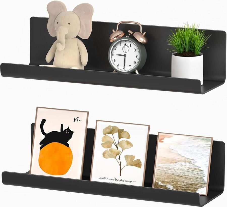 Zwevende planken set van 2 decoratieve wandplanken zwart kunststof
