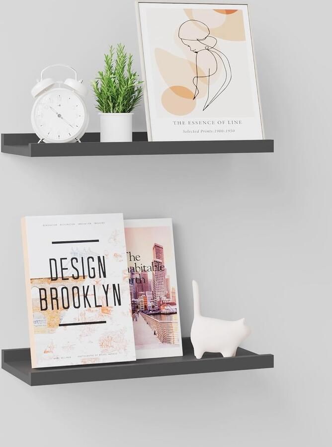 Zwevende Planken Set van 2 Houten Wandplanken voor Badkamer Slaapkamer en Woonkamer 40 cm Stevige Organizers tot 10 kg Zwart