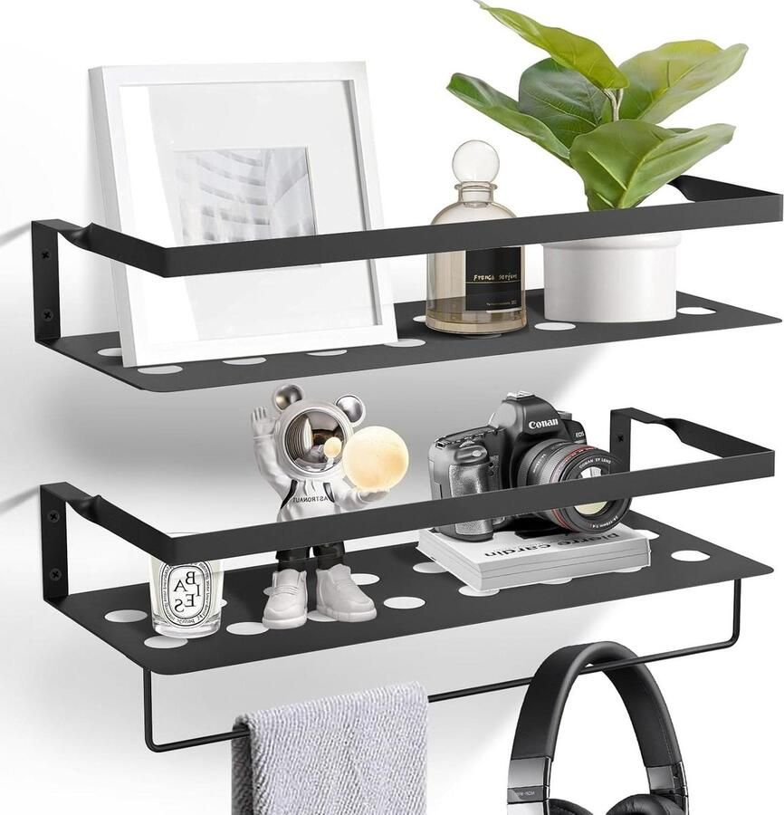 Zwevende planken set van 2 wandgemonteerde ijzeren opslagplanken met handdoekenrek muur opknoping organizer plank voor badkamer keuken slaapkamer wasruimte