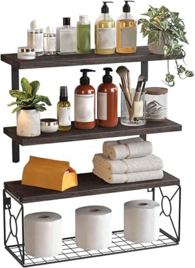 Zwevende Planken Set van 3 met Draadopbergmand Stevige Houten Wandplanken voor Organisatie in Woonkamer Keuken en Kantoor