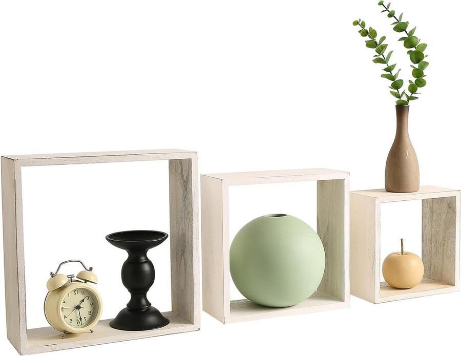 Zwevende planken set van 3 wanddecoratie voor slaapkamer rustieke wandplank retro stijl woonkamer decoratie (vintage wit)