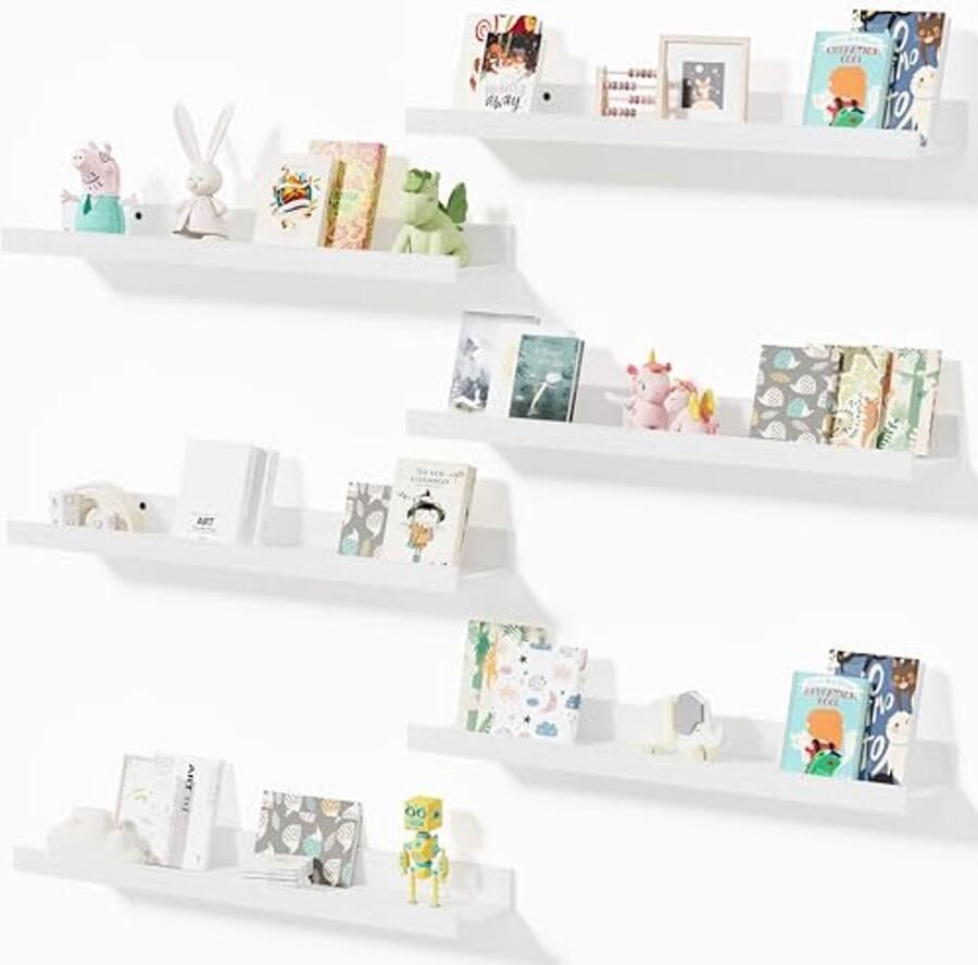 Zwevende Planken Set van 6 Houten Wandplanken voor Wanddecoratie in Slaapkamer Woonkamer Badkamer en Keuken 61 cm Wit