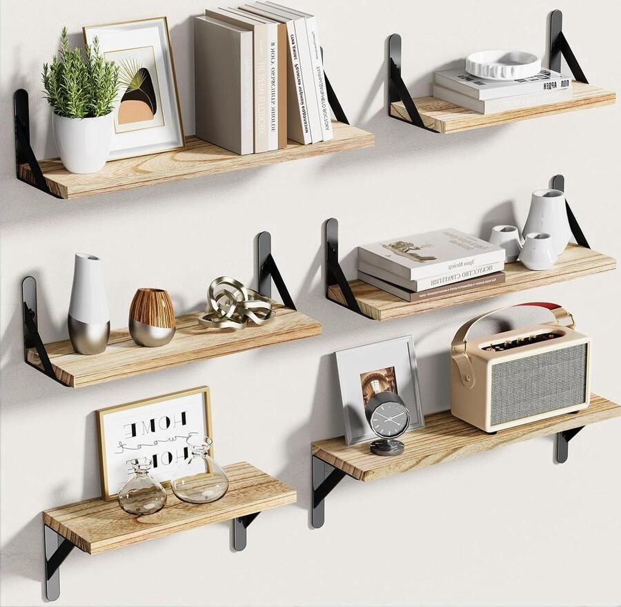 Zwevende planken set van 6 Houten wandplanken Rustiek 6 stuks Hout 60x15 cm