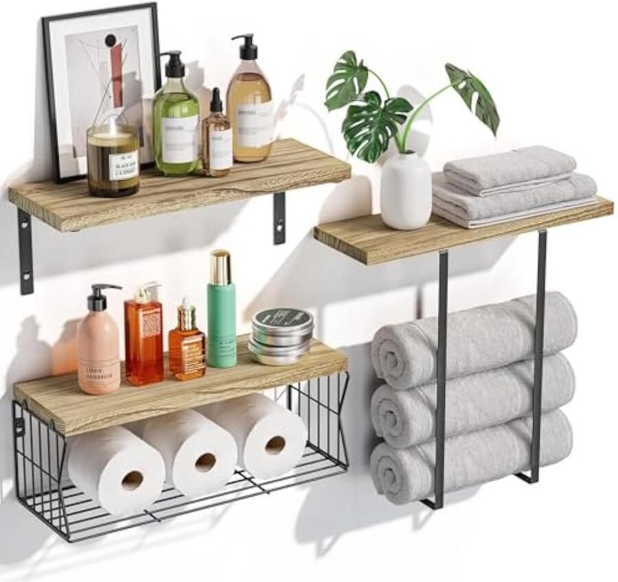 Zwevende planken voor aan de muur set van 3 + 2 badkamerplanken met papierhouder opbergruimte houten planken met handdoekhouder boven het toilet wandplanken voor badkamer woonkamer keuken slaapkamer