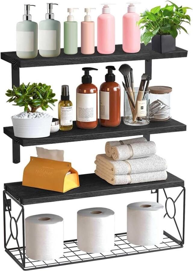 Inovra Plus Zwevende wandplanken met draadmanden voor wandmontage Set van 3 planken + 1 mand Rustieke houten planken voor slaapkamer woonkamer badkamer en keukenopberging