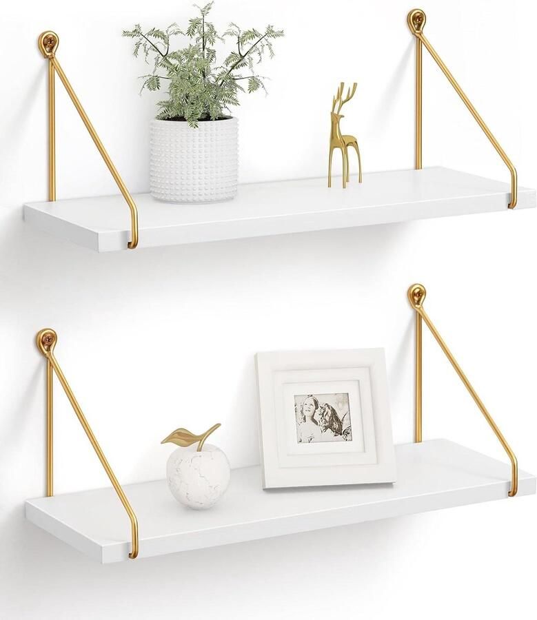 Zwevende planken voor muur metallic goud wit massief hout metaal chique muur boekenplank set van 2 voor badkamer keuken slaapkamer - Foto 2