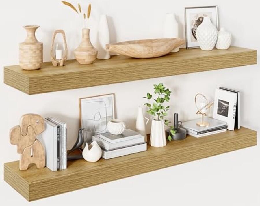 Zwevende Planken voor Muur Set van 2 23 6 cm Diep Eiken Wood Wandplanken voor Badkamer Slaapkamer Woonkamer Keuken en Kantoor