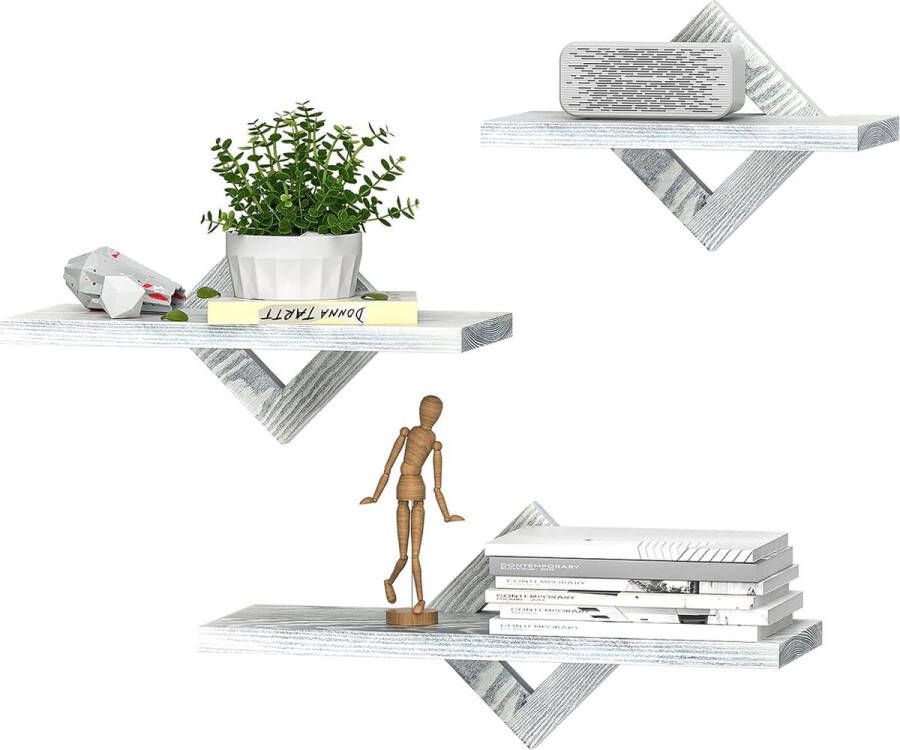Zwevende planken voor muur set van 3 wandrek voor slaapkamer hal kantoor woonkamer grijs-wit