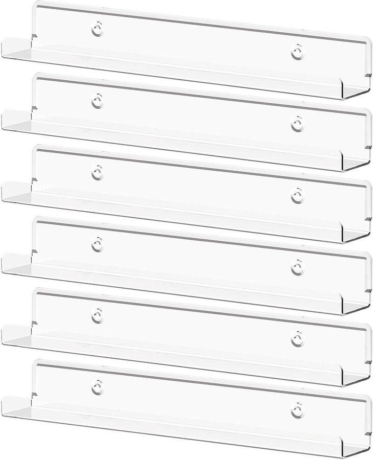 Zwevende Planken voor Vinyl Platen 6 Pak 12 Doorzichtige Acryl Muurplank voor Boek Foto Make-up Display in Slaapkamer Woonkamer Badkamer Opslag en Organisatie