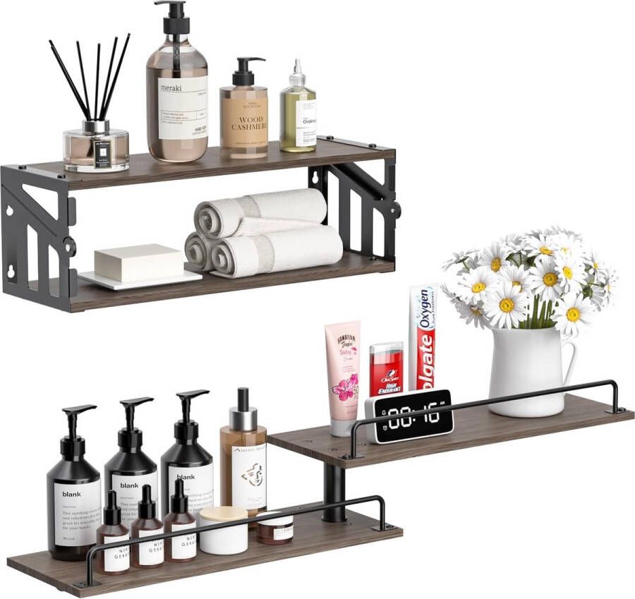 Zwevende planken wandgemonteerde set van 2 wandplanken met borstwering metalen en houten wandplanken geschikt voor woonkamer slaapkamer badkamer keuken kantoor walnootbruin