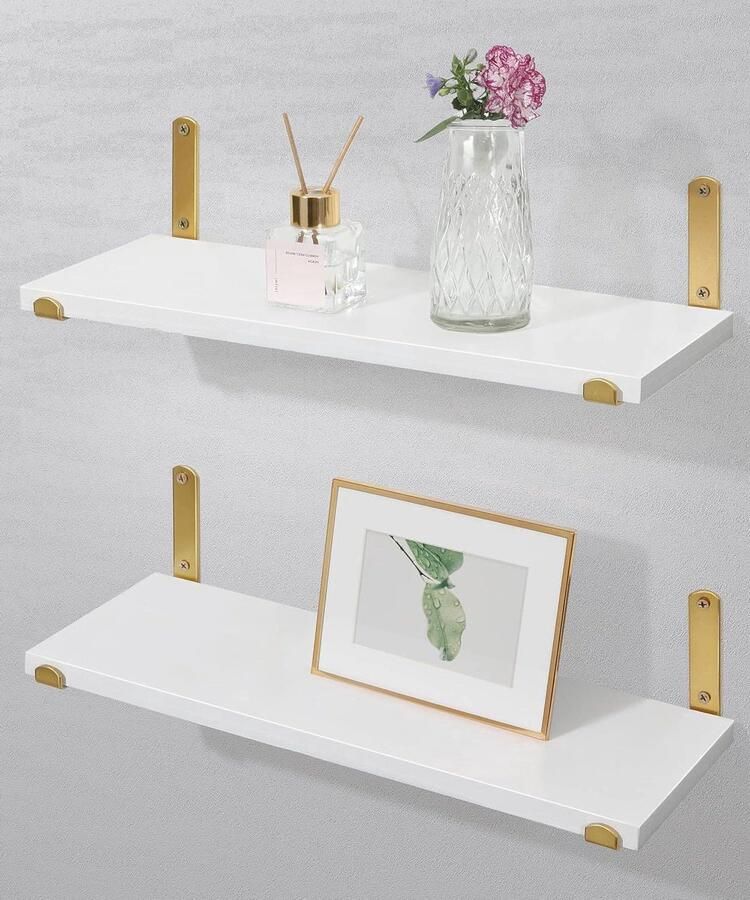 Zwevende planken wandplank voor opslag & display set van 2 witgouden hout & metaal