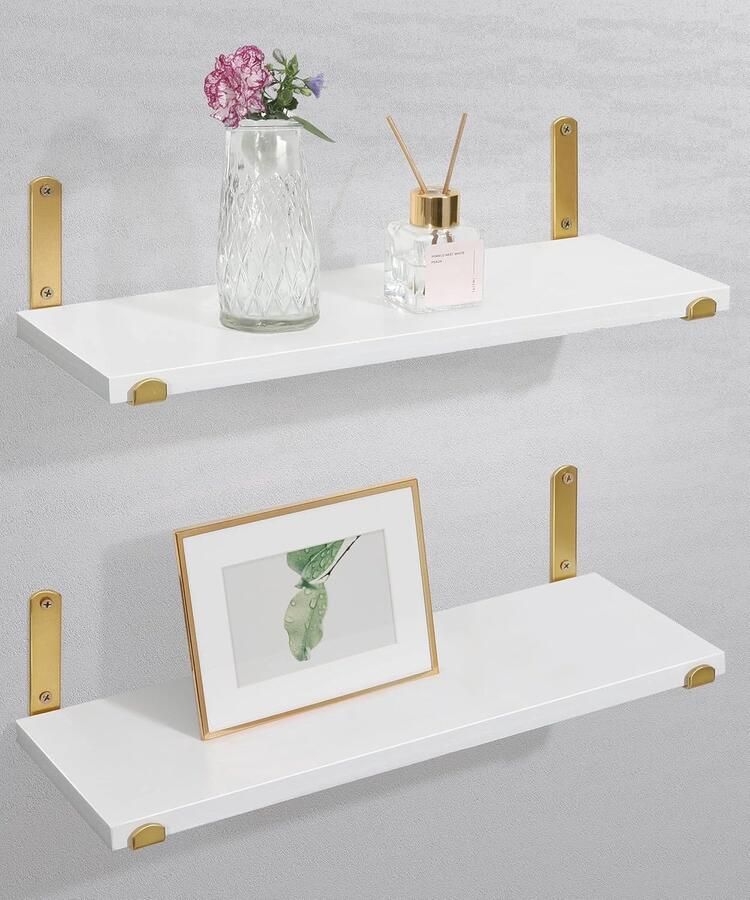 Zwevende Planken Wandplank Set van 2 Witgouden Hout Metalen Beugel