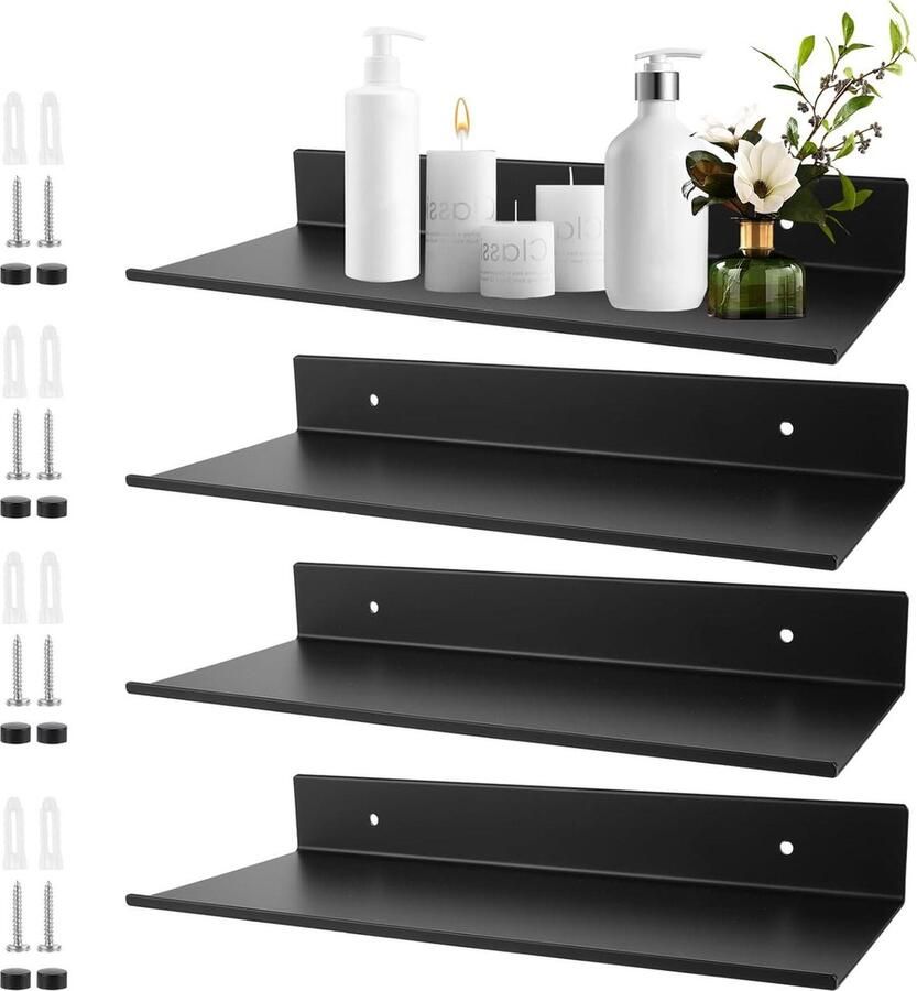 Zwevende Planken Wandrek 4 stuks Zwart Metaal 30 x 12 x 4 cm