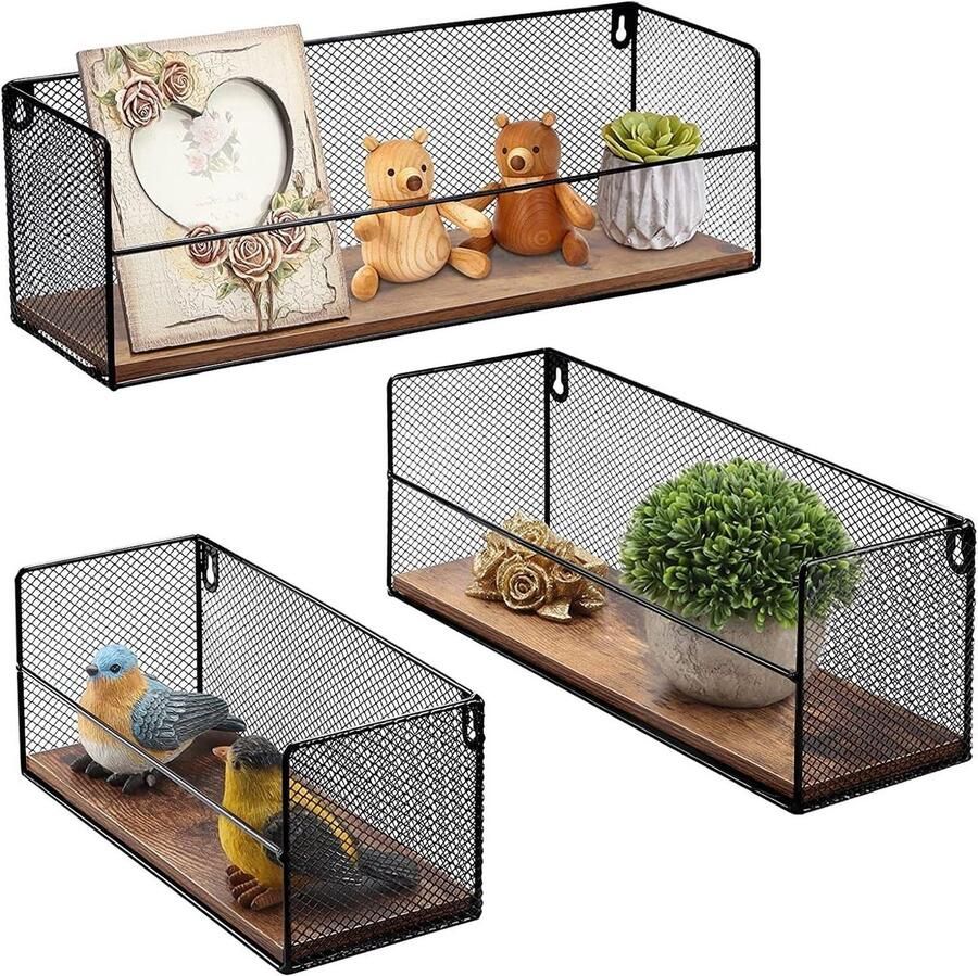 Zwevende planken wandrek Rustiek design Set van 3 Zwart metaal en hout Voor badkamer slaapkamer woonkamer keuken huis en kantoor Lengte 27 33 40 cm