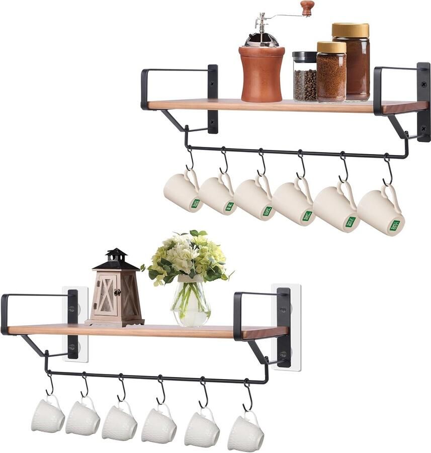 Zwevende planken wandrek set van 2 hout inclusief 6 haken