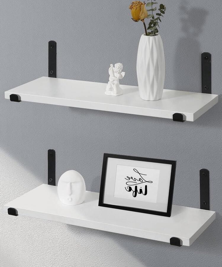 Zwevende planken witte en zwarte wandplank met massief hout metalen beugel voor slaapkamer woonkamer kantoor badkamer keuken opslag of displayplanken set van 2