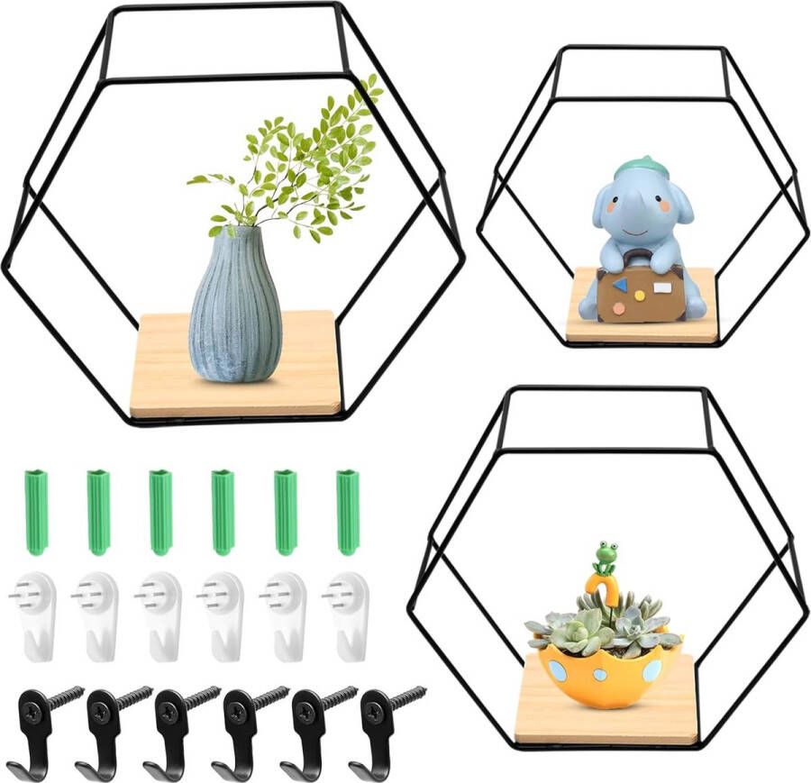 Zwevende planken Zeshoekige planken 3-pack metalen wandplank Moderne geometrische displayplanken Zwarte wandplanken voor woonkamer Slaapkamer Decor Plank voor ornamenten