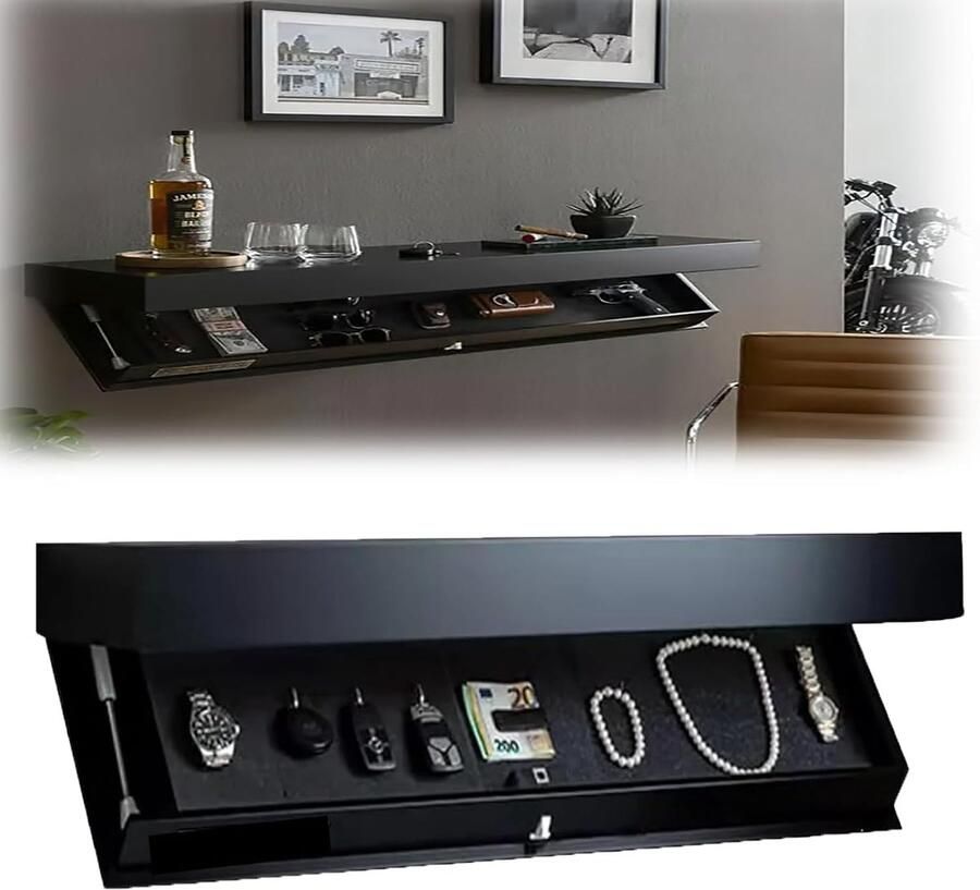 Zwevende plankopslag Minimalistische wandgemonteerde wijnkast Wandpaneel met geheim compartiment Verborgen zwevende plank Paneel Verborgen wandgemonteerde opbergruimte Zwart