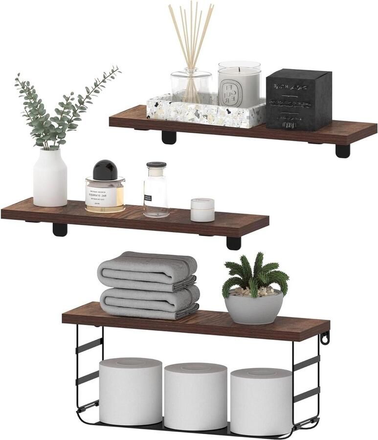 Senza Marchio Zwevende planken voor muur Set van 3 rustieke houten planken Badkamerplanken Decoratie voor slaapkamer woonkamer Bruin